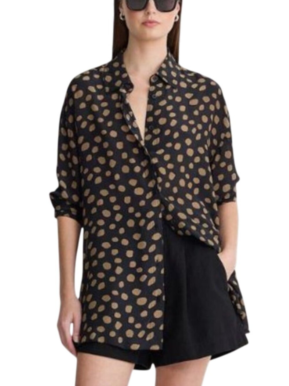 NWOT Isolde Button Down Shirt M Yayoi Black Camel Spotted Silk Blouse